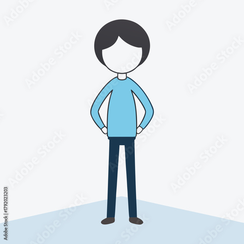 Cartoon man with dark hair wearing a blue shirt and dark pants