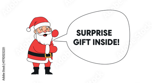 Cartoon Santa Claus with a speech bubble saying Surprise Gift Inside.