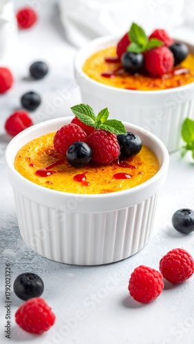 Close-up of two creamy desserts topped with berries and mint