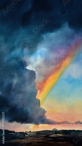 Rainbow over Storm: A vibrant rainbow arcs across a dramatic sky dominated by a brooding storm cloud, creating a striking contrast of nature's power and beauty. 