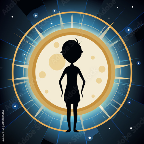 Silhouette of a person standing in front of a glowing celestial portal