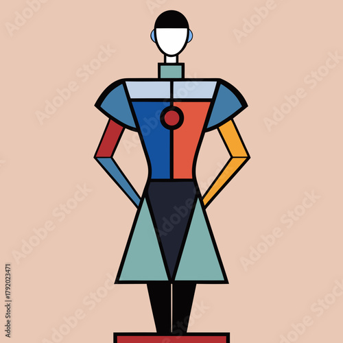 Abstract geometric robot figure with colorful body parts on a plain background
