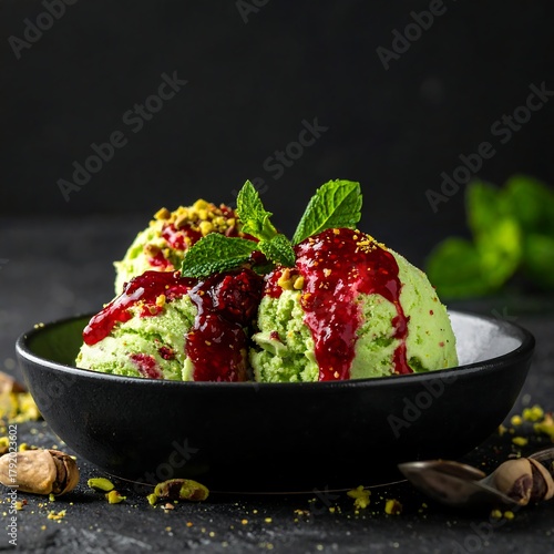 Close-up shot of two scoops of vibrant green frozen treat, topped with bright red sauce and garnishes, served in a dark bowl