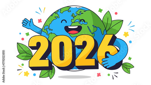 Earth Embraces 2026: A vibrant and inviting illustration featuring the planet Earth warmly embracing the number 2026, symbolizing a hopeful future.
