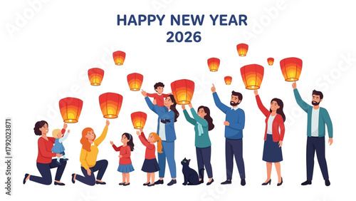 Celebration of New Year 2026: Families and friends celebrate the New Year 2026 by releasing lanterns into the night sky, symbolizing hopes and dreams for the coming year.