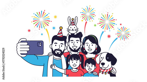 Family's Festive Selfie: A joyful family gathers for a selfie, celebrating a special occasion with festive spirit, surrounded by vibrant fireworks and a playful atmosphere.