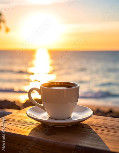 Coffee cup on a saucer set on a wooden surface with a warm, bright sunset over a serene body of water