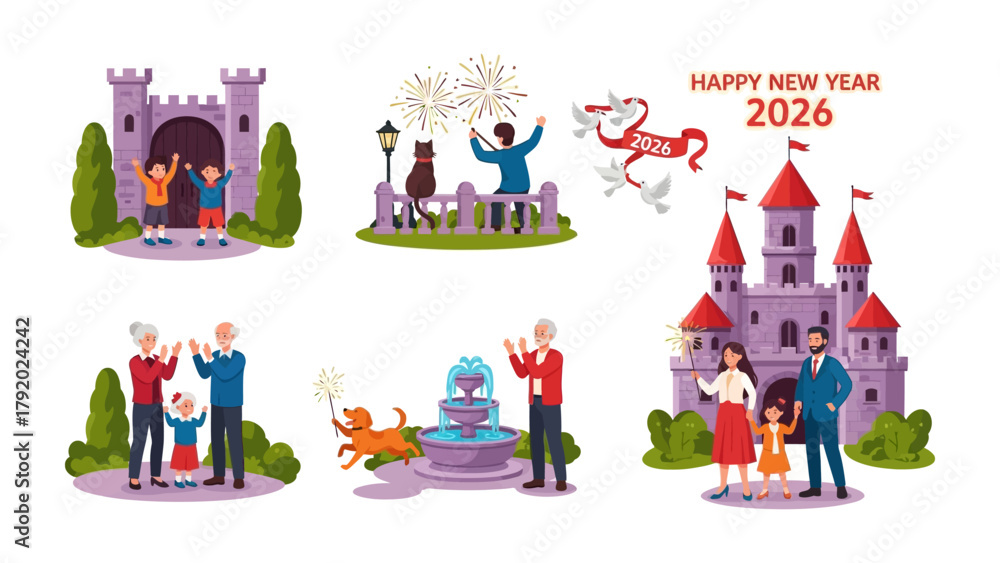 Obraz premium Celebratory Moments of New Year 2026: An illustration showcases joyous celebrations of New Year 2026, including family gatherings, festive fireworks.