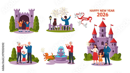 Celebratory Moments of New Year 2026: An illustration showcases joyous celebrations of New Year 2026, including family gatherings, festive fireworks.