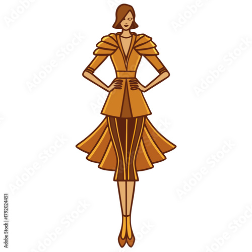 Elegant woman in a stylized golden dress with dramatic shoulders and skirt