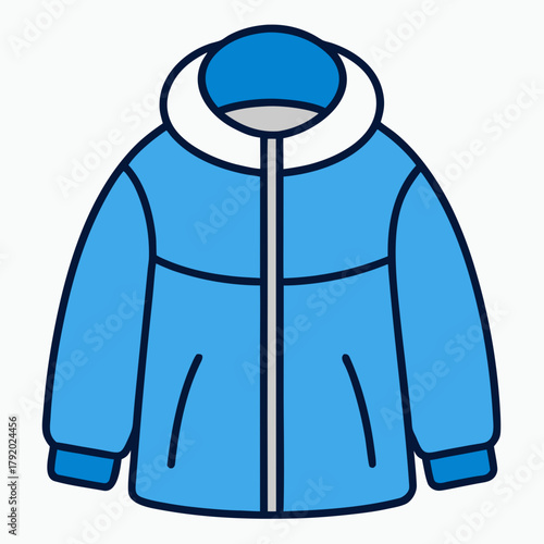 Blue winter jacket with hood and zipper illustration