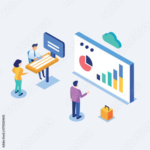 3d isometric marketing strategy team presenting business growth and planning with charts and graphs