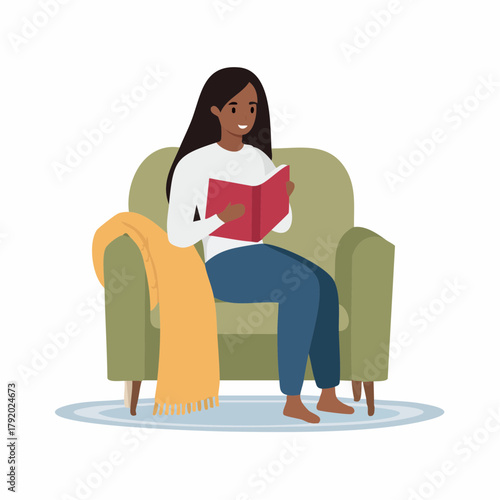 Cozy winter log cabin surrounded by snow-covered evergreen trees under a warm sunset sky, evoking a feeling of peace and tranquility in a picturesque natural landscape illustration