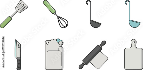 Collection of various kitchen utensils, including a spatula, whisk, ladles, knife, cutting board, rolling pin.
