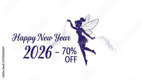 New Year Discount and Fairy's Touch: A festive announcement promising savings and good fortune, a fairy figure sprinkled fairy dust to celebrate a new beginning and a fresh start.