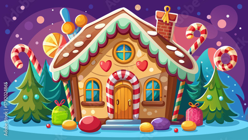 A whimsical gingerbread house adorned with colorful candy, icing details, and glowing fairy lights, surrounded by festive decorations and a soft Christmas glow in the background