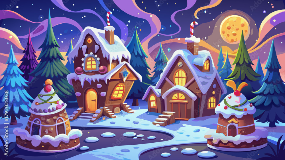 Naklejka premium A magical gingerbread village with cookie cottages and sugar trees, softly illuminated by candlelight and surrounded by falling snowflakes, evoking a dreamy Christmas fairy-tale mood