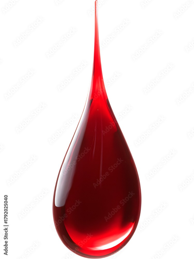 Fototapeta premium Red liquid drop isolated on transparent background, perfect for medical, drink, or art visuals..