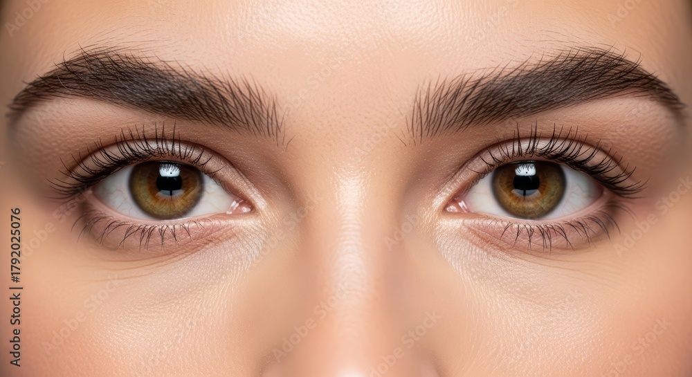 Obraz premium Close-up of female eyes with natural makeup focused on eyebrows and lashes