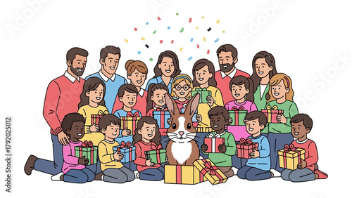 Joyous Gathering: A heartwarming illustration of a diverse family celebration, featuring people, including kids, all sharing gifts amidst floating confetti, capturing a moment of happiness.