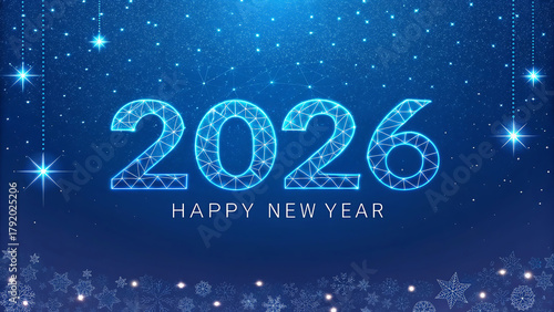 Happy new year 2026 with glowing polygonal numbers on blue background