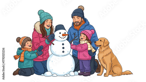Building a Winter Wonder: A family crafts a snowman, bundled in warm winter attire, accompanied by their happy dog, painting a scene of cozy togetherness.