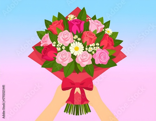 Colorful floral bouquet held by two cartoon hands