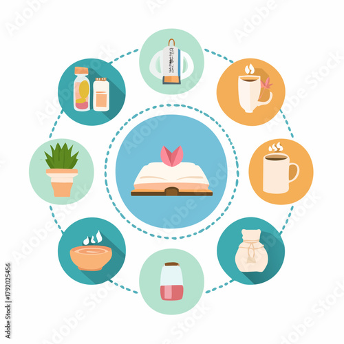 Cozy winter log cabin surrounded by snow-covered evergreen trees under a warm sunset sky, evoking a feeling of peace and tranquility in a picturesque natural landscape illustration