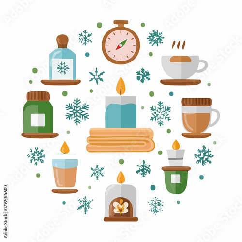 Cozy winter log cabin surrounded by snow-covered evergreen trees under a warm sunset sky, evoking a feeling of peace and tranquility in a picturesque natural landscape illustration