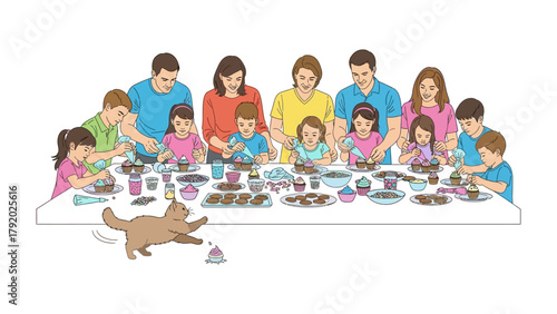 Family Baking Bliss: Capture a heartwarming scene where a multigenerational family gathers around a table, engrossed in the delightful process of decorating cupcakes.