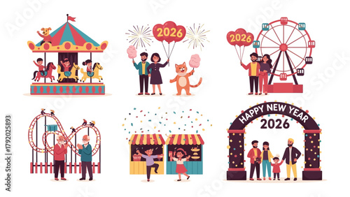 New Year Fun Fair Illustration: A cheerful illustration showcasing a new year's fair, filled with lively rides, festive decorations, and excited individuals.