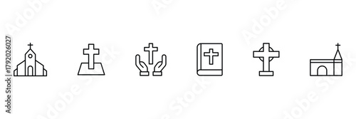 Christian line icon set. Christian Religion icon set. Simple Set of Religion Symbols. Cross, easter, Temples, Divine and more. Vector illustration.