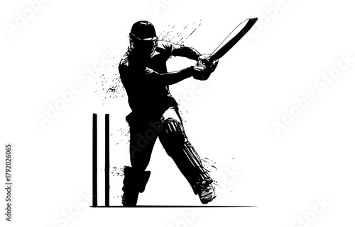 a silhouette of a batsman playing a shot, with splashes of motionball, baseball bat, bat, beat, cricket, cricketer, illustration, man, play, profile, swing, swinge, wicket 