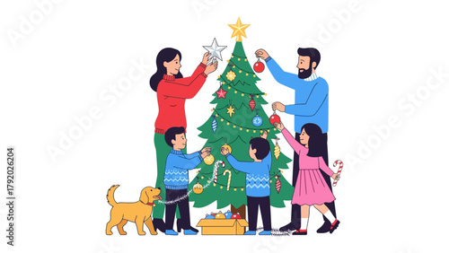 Family Joy: A heartwarming scene unfolds as a family, complete with a furry friend, decorates their Christmas tree, filled with laughter and anticipation. 