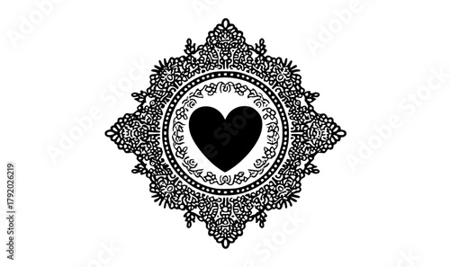 a black and white ornate frame with a heart in the centerblack, circle, design, heart, heart shape, illustration, mandala, ornament, shape, symbol, white 