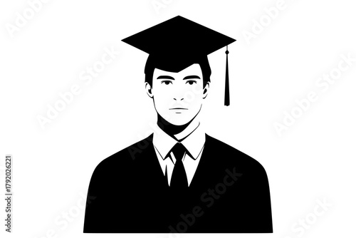 a black and white silhouette of a man wearing a graduation cap and gownavatar, black, business suit, cap, gown, graduate, icon, illustration, man, portrait, robe, suit, tie, wear 