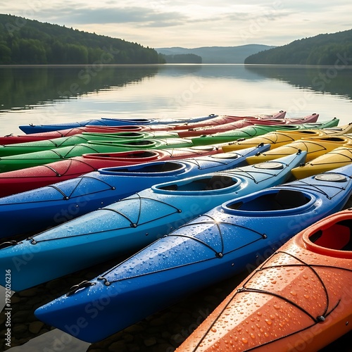 Colorful Kayaks on Calm Lake - A Serene Outdoor Adventure.