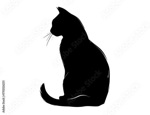 a black silhouette of a cat sitting on a transparent backgroundblack, cat, profile, sit, stare 