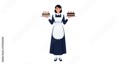Elegant maid serving delicious chocolate cakes with cherries, perfect for illustrating hospitality, baking, or classic service concepts