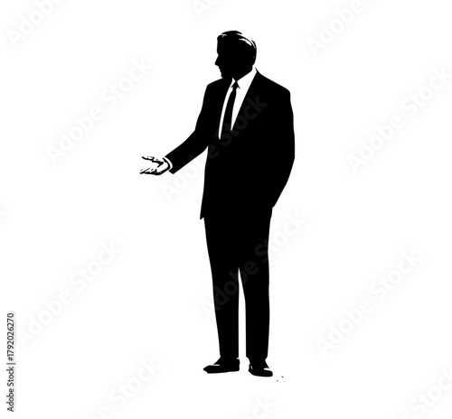 a silhouette of a man in a formal suit extending his hand towards the viewerblack, business suit, businessman, catch, hand, man, profile, shake, stand, suit, tie, wear 