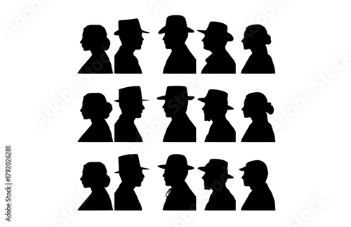 a series of silhouettes of men with different hairstyles and expressionsblack, hat, man, person, profile, sun hat 