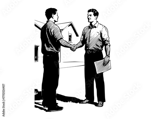 two men shaking hands in front of a houseconversation, hand, handshake, home, house, house exterior, illustration, man, shake, stand 