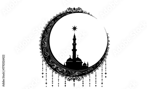 a crescent shaped silhouette of a mosque with decorative elementsblack, circle, crescent, frame, hassock, illustration, moon, mosque, oval, profile, star 