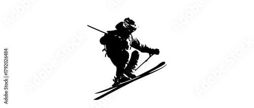 a silhouette of a skier in mid-air, performing a jumpfly, jump, man, person, profile, ski, skier, snowboarder, trick 