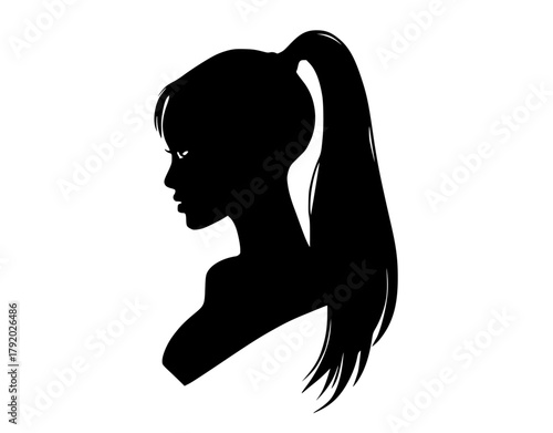 a silhouette of a woman with a ponytailbeautiful, black, girl, hair, head, illustration, ponytail, profile, woman 