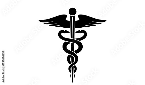 a black and white silhouette of a medical symbol consisting of a staff with two intertwined snakesblack, icon, illustration, medicine, snake, staff, symbol 