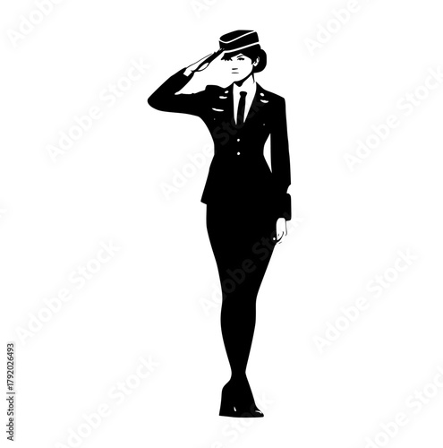 a silhouette of a female soldier saluting, wearing a military uniformarmy, black, business suit, dress, gun, hat, pilot, profile, salute, stand, sun hat, uniform, wear, woman 