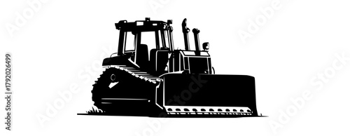 a black and white silhouette of a bulldozerblack, dozer, equipment, excavator, grass, illustration, plow, profile, tractor 