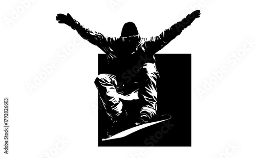 a silhouette of a snowboarder jumping in the air with their arms raisedarm, black, jump, man, person, profile, ramp, ride, skateboard, skateboarder, slide, snowboard, snowboarder, trick 