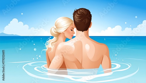Digital illustration of a couple embracing intimately in tropical waters, with a sunny sky and gentle waves